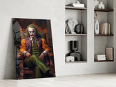 Joker in the Throne glass print enhancing a den with theatrical palette