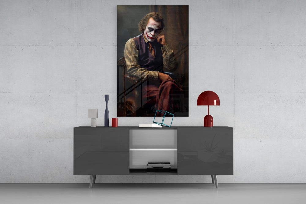 Joker the Thinker panel catching lamp light to reveal its painterly hush