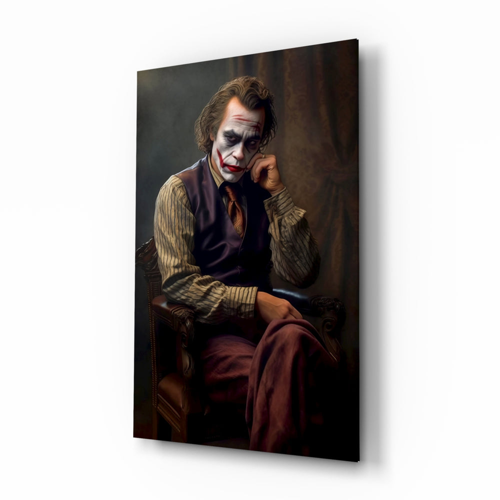 Joker the Thinker glass wall art displayed above a leather chesterfield in a study