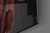 Brooding-muse artwork anchoring a wall with umber-and-burgundy palette
