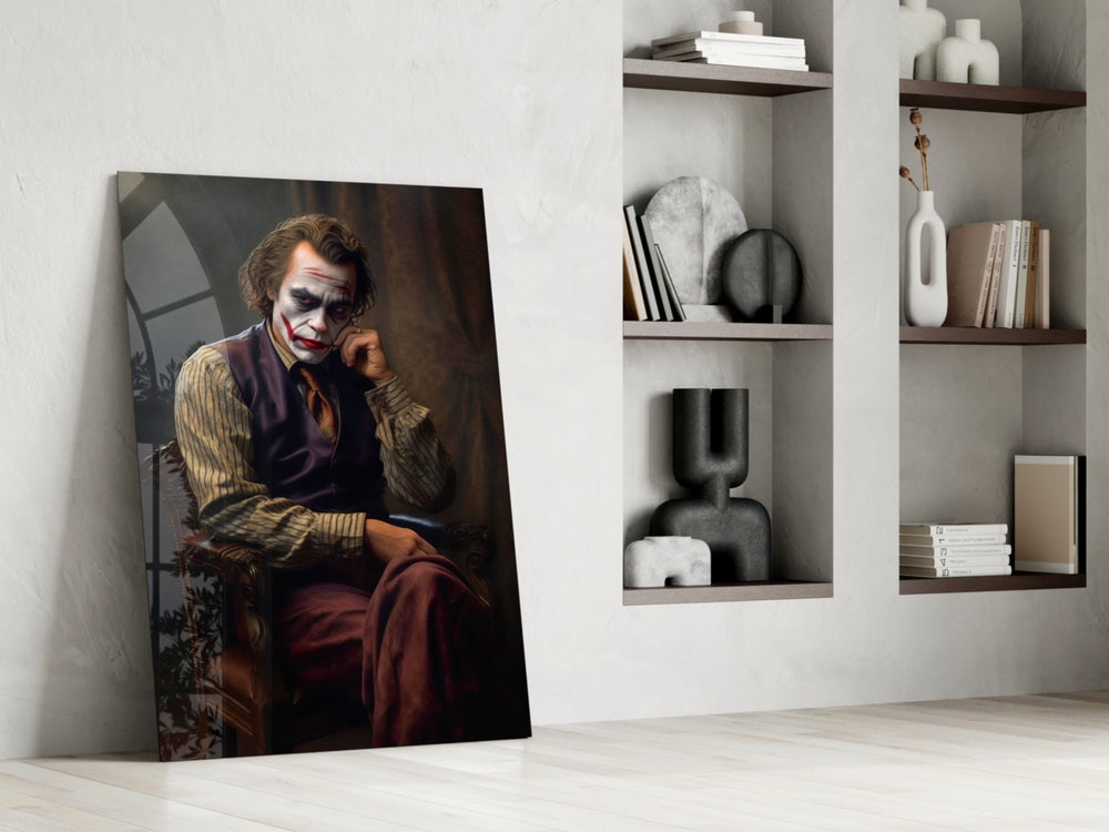 Joker the Thinker glass print enhancing a den with contemplative palette