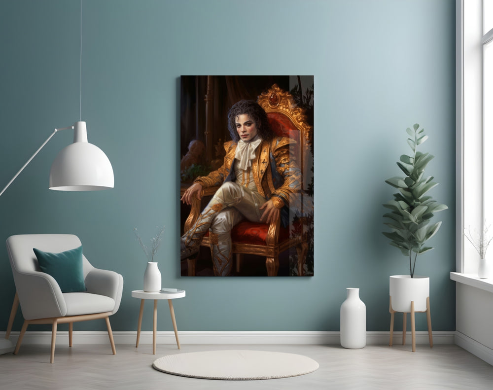 Michael Jackson in the Throne glass wall art styled above a sideboard in a lounge