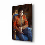 Michael Jackson glass wall art displayed above an upright piano in a music room