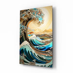 Waves, Trees or Mountains glass wall art displayed above a sectional in a living room with nature palette