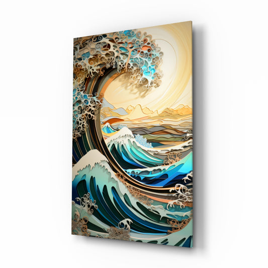 Waves, Trees or Mountains glass wall art displayed above a sectional in a living room with nature palette