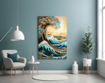 Waves, Trees or Mountains glass wall art styled above a console in a hallway