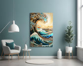 Waves, Trees or Mountains glass wall art styled above a console in a hallway
