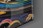 Wave-muse artwork anchoring a wall with cobalt-and-scarlet palette