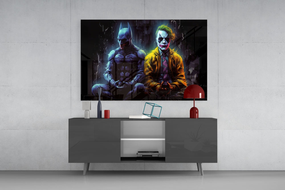 Batman and Joker Making Peace panel catching lamp light to reveal its painterly stillness
