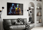 Batman and Joker Making Peace glass wall art styled above a leather sofa in a gallery wall