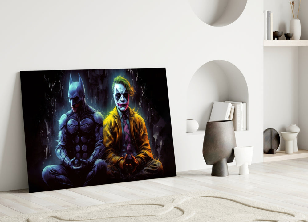 Batman and Joker Making Peace close-up showing meditation pose and blue rain