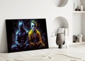 Batman and Joker Making Peace close-up showing meditation pose and blue rain