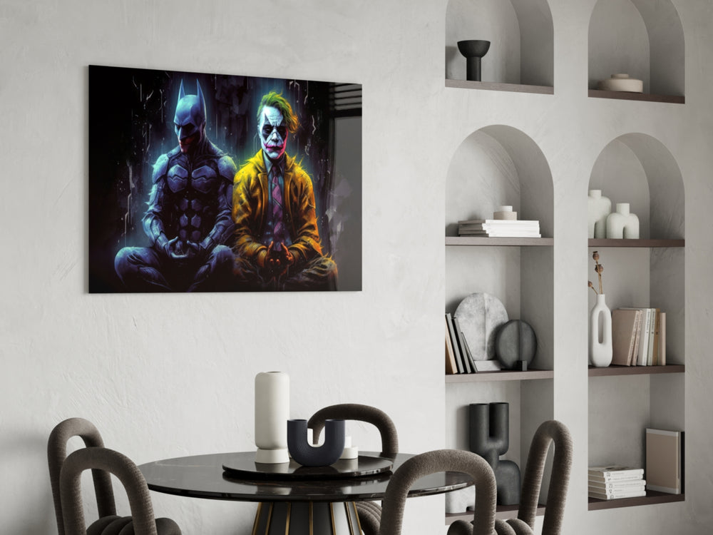 Batman and Joker Making Peace panel adding editorial heat to a hallway
