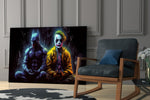 Batman and Joker Making Peace glass print enhancing a den with statement palette