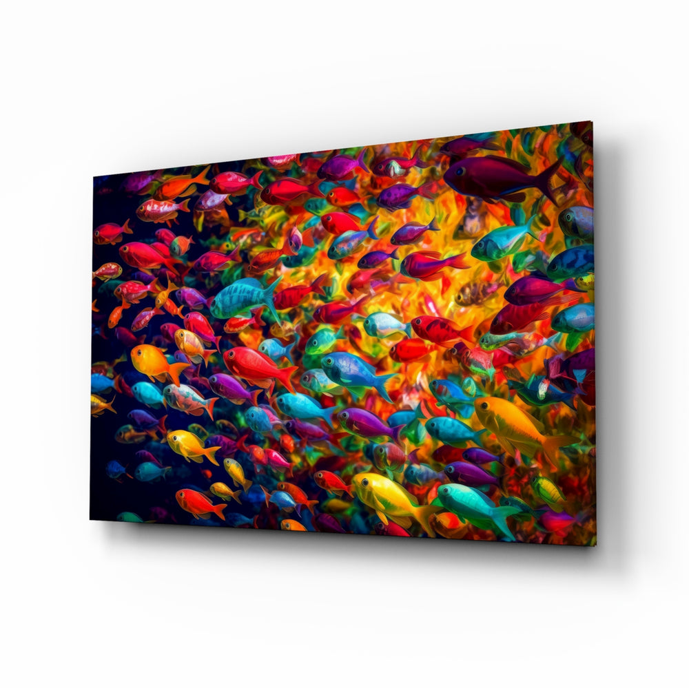 Fish World glass wall art displayed above a sectional in a colorful living room