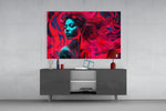 Red Feelings panel catching lamp light to reveal its painterly fire