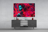 Red Feelings panel catching lamp light to reveal its painterly fire