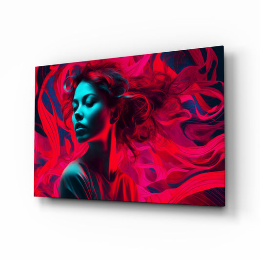 Red Feelings glass wall art displayed above a vanity in a contemporary dressing room