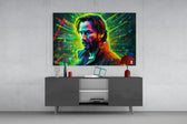 Keanu Reeves panel catching ambient light to reveal its neon color palette