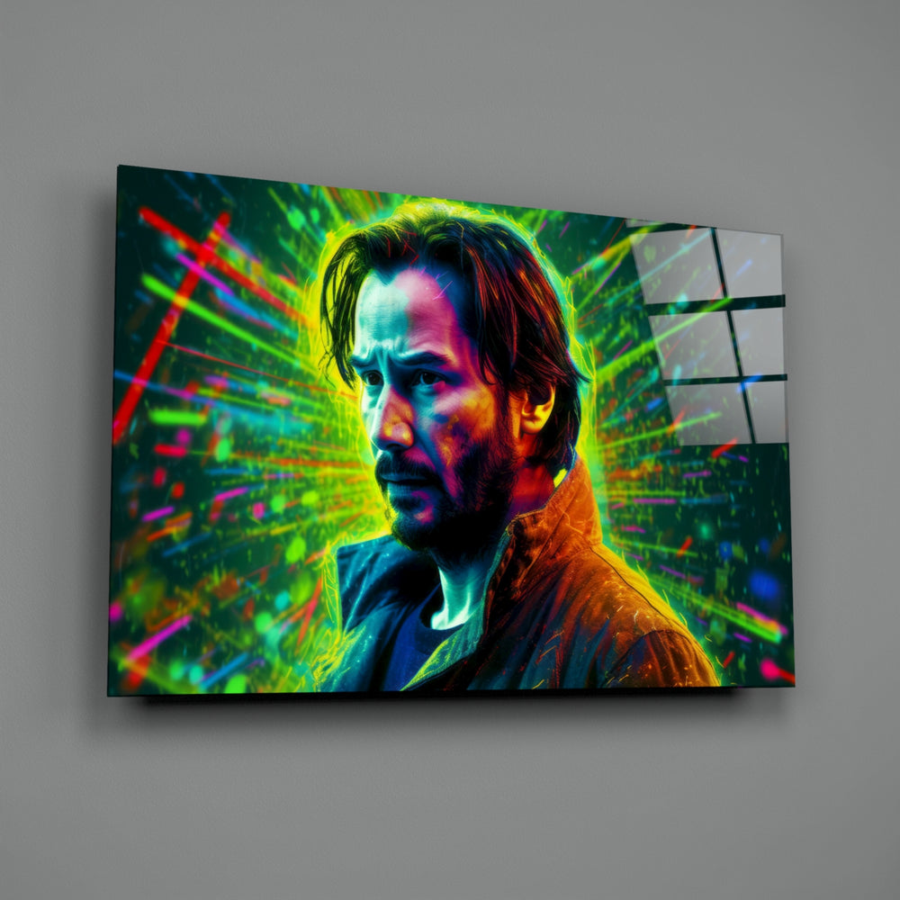Keanu Reeves neon-explosion panel anchoring a contemporary lounge