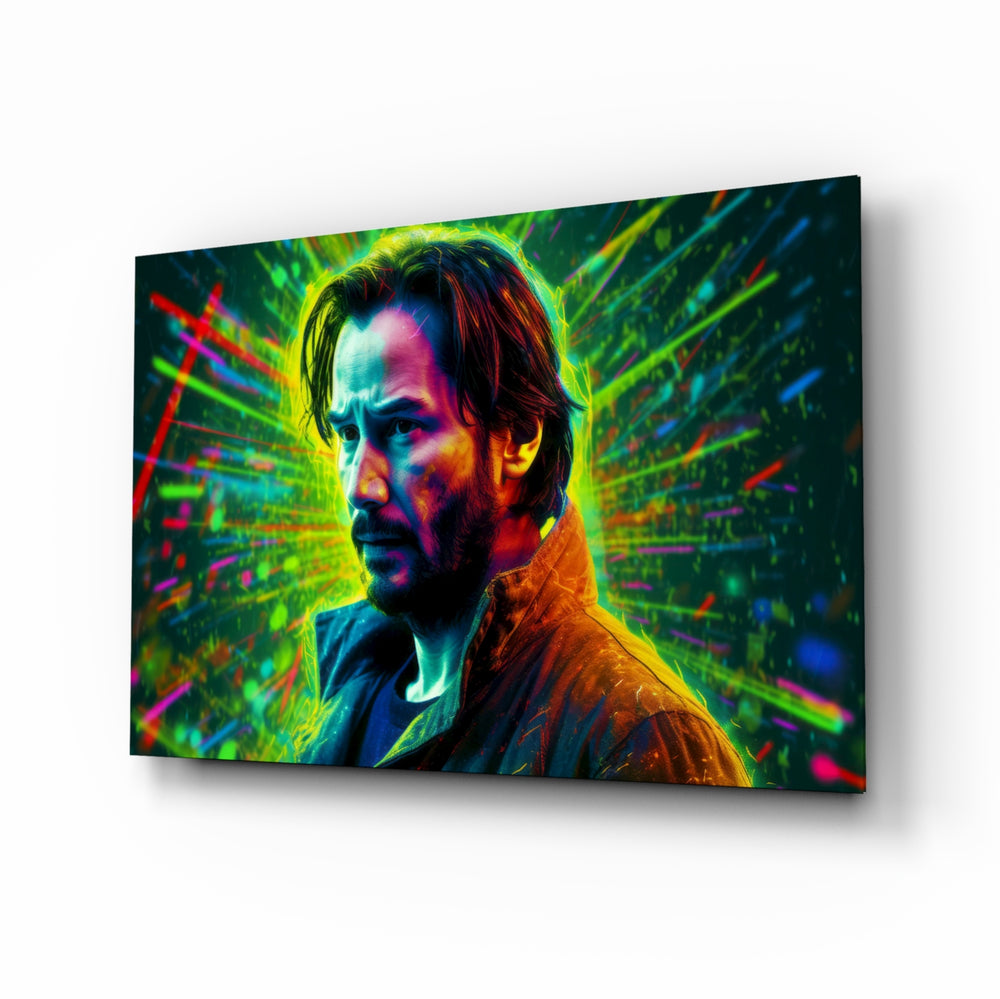 Keanu Reeves glass wall art displayed above a console in a designer interior