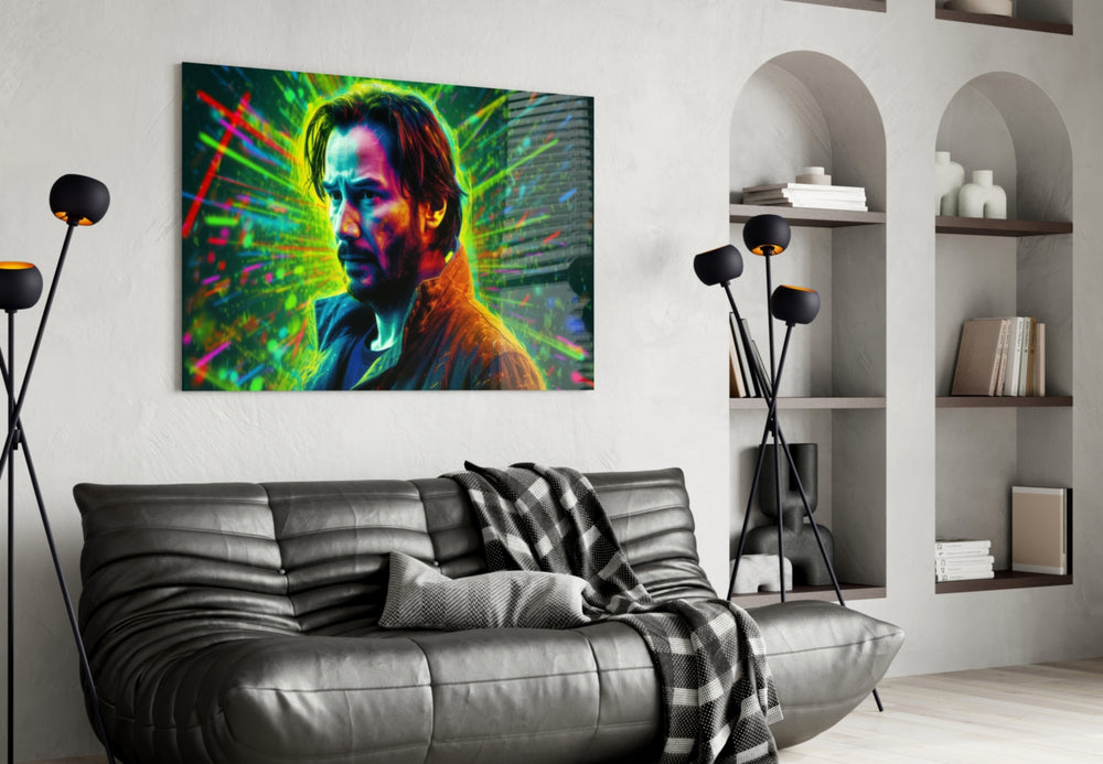 Keanu Reeves glass wall art styled above a sofa in a bold, cinematic living room