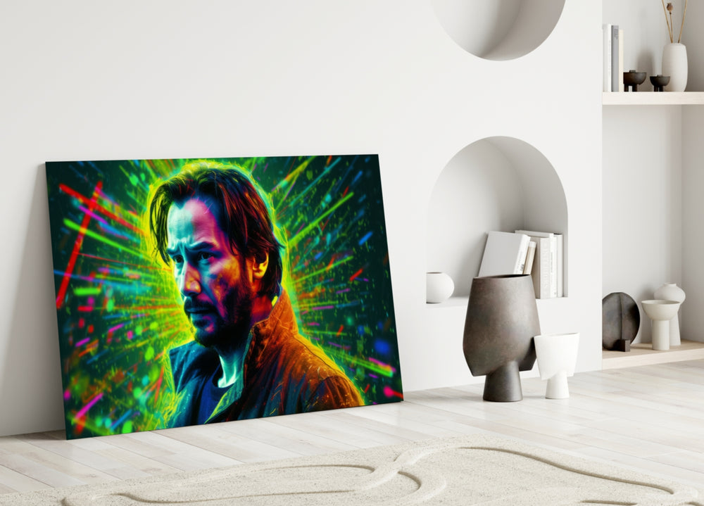Close-up detail of the Keanu Reeves portrait with electric neon splatter