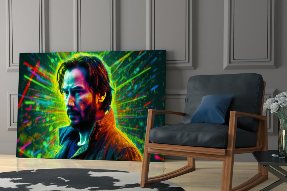 Keanu Reeves glass print above a bar cart in a modern man cave lounge