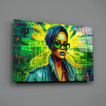 Pop-collage panel bringing painterly pulse to a contemporary lounge