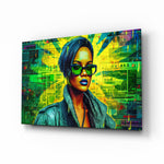 Rihanna glass wall art displayed above an upright piano in a music room
