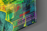 Stage-muse artwork anchoring a wall with jade-and-citrine palette