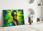Rihanna close-up showing green sunglasses, blue lipstick and newsprint collage
