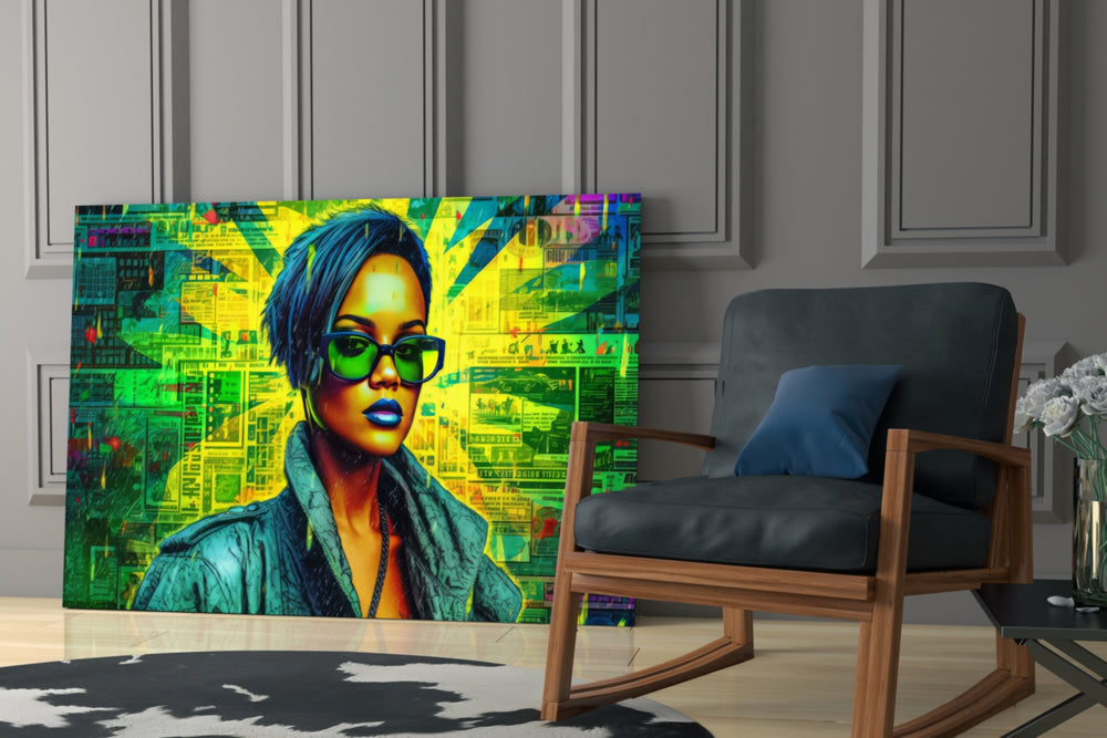 Rihanna glass print enhancing a vanity nook with music-forward palette