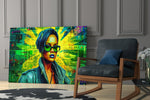 Rihanna glass print enhancing a vanity nook with music-forward palette