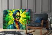 Rihanna glass print enhancing a vanity nook with music-forward palette