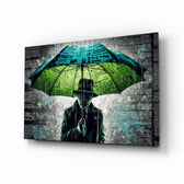 Rain of Answers glass wall art displayed above a leather sofa in a contemporary study