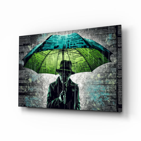 Rain of Answers glass wall art displayed above a leather sofa in a contemporary study