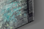 Rain-muse artwork anchoring a wall with teal-and-graphite palette