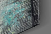 Rain-muse artwork anchoring a wall with teal-and-graphite palette