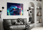 Cadillac glass wall art styled above a sideboard in a study