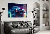 Cadillac glass wall art styled above a sideboard in a study