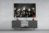 Skull Party panel catching lamp light to reveal its painterly menace