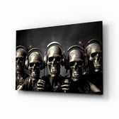 Skull Party glass wall art displayed above a leather sofa in a moody man cave
