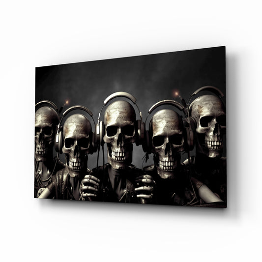 Skull Party glass wall art displayed above a leather sofa in a moody man cave