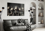 Skull Party glass wall art styled above a sideboard in a music room