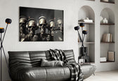 Skull Party glass wall art styled above a sideboard in a music room