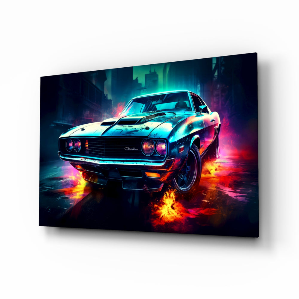 1970 Dodge Challenger glass wall art displayed above a leather sofa in a moody man cave