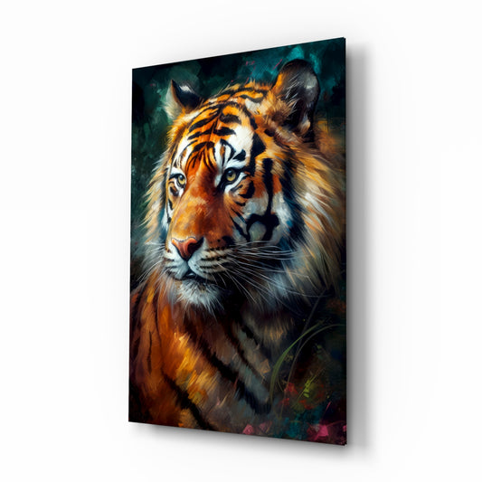 Tiger glass wall art displayed above a leather chesterfield in a contemporary study