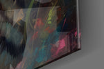 Striped-muse artwork anchoring a wall with amber-and-emerald palette