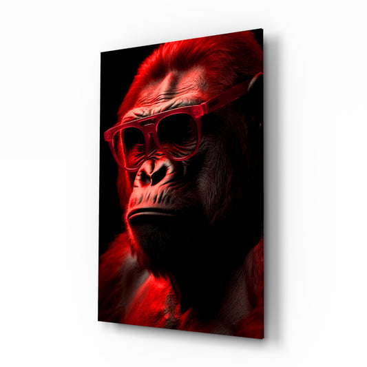 Ape the Thinker glass wall art displayed above a leather sofa in a moody man cave